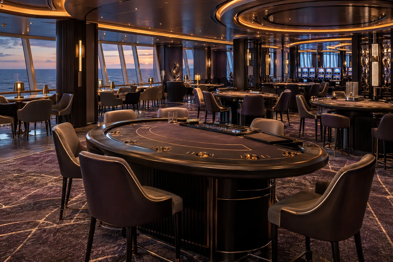Architectural onboard casino with sculptural gaming tables, violet interiors and panoramic windows at dusk