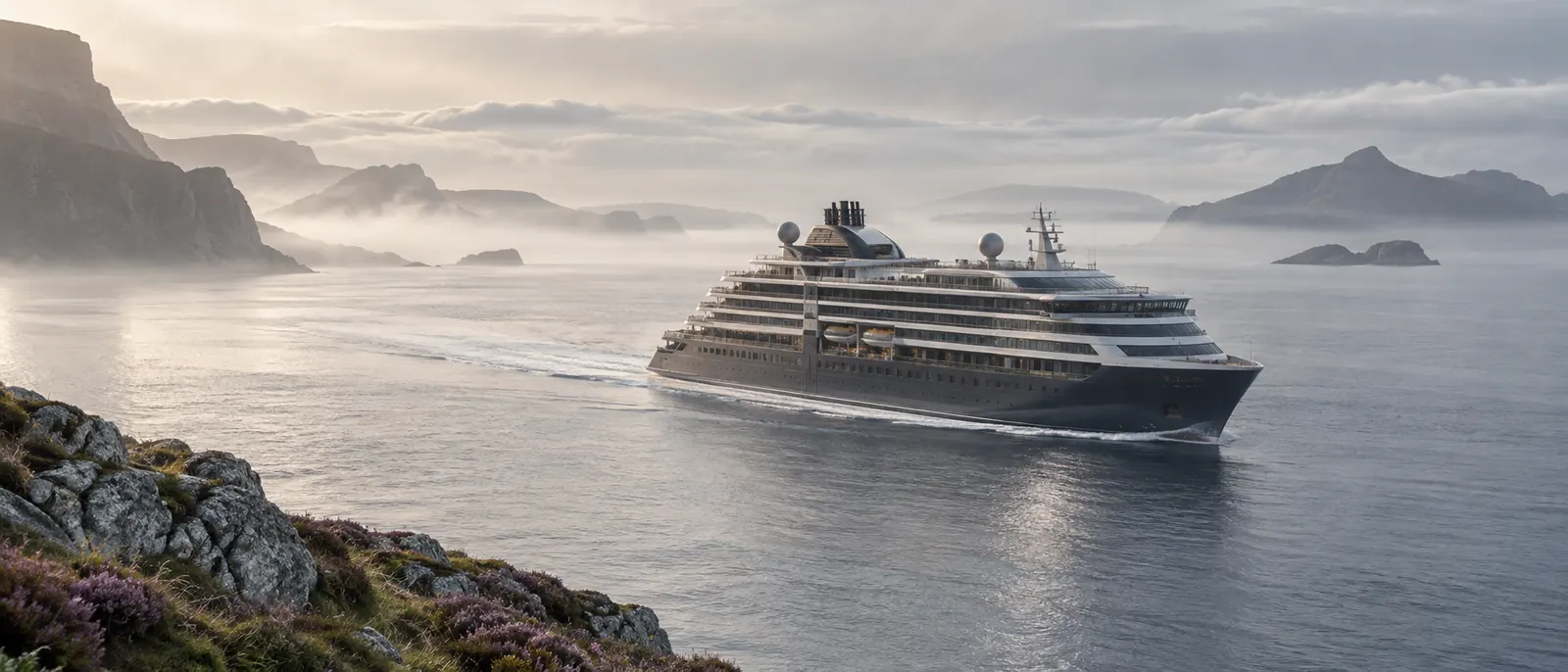 A contemporary boutique liner moving through misty silver water beside a rugged British coastline