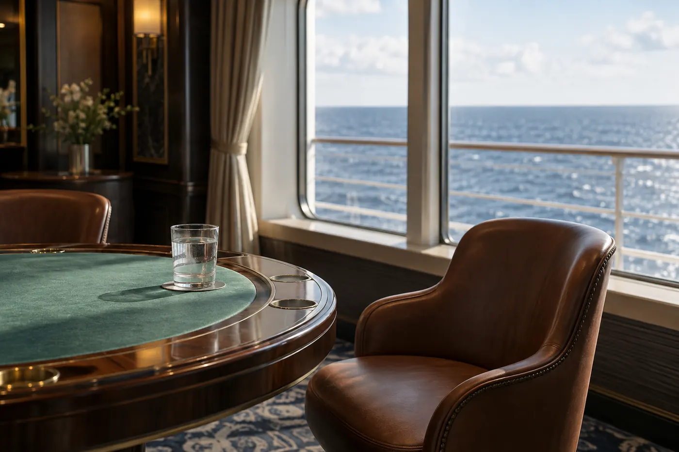 An empty chair, glass of water and open sea marking a calm pause in an onboard gaming lounge